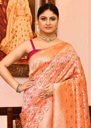 Orange Peach Katan Silk Saree — Cut Work Booti
