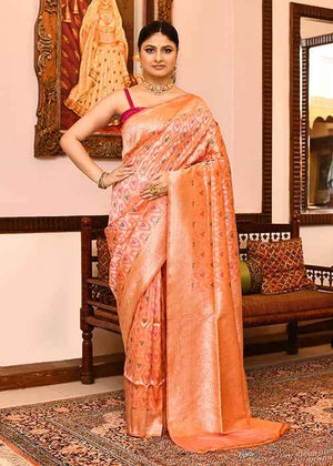 Orange Peach Katan Silk Saree — Cut Work Booti