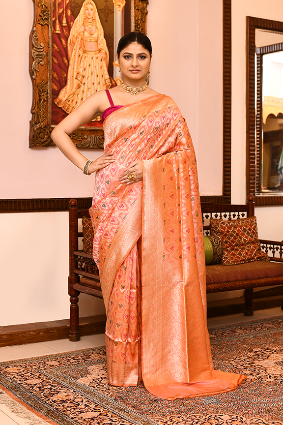 Orange Peach Katan Silk Saree — Cut Work Booti
