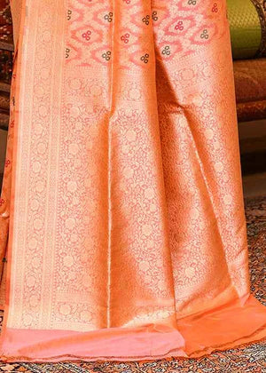 Orange Peach Katan Silk Saree — Cut Work Booti