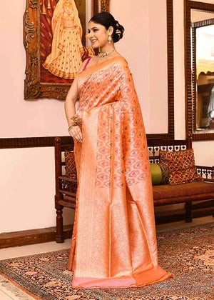 Orange Peach Katan Silk Saree — Cut Work Booti