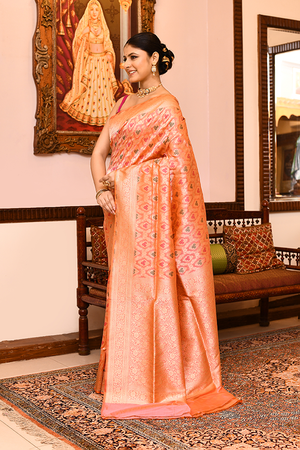 Orange Peach Katan Silk Saree — Cut Work Booti