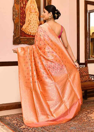 Orange Peach Katan Silk Saree — Cut Work Booti