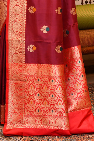 Maroon Katan Silk Saree — Kadwa