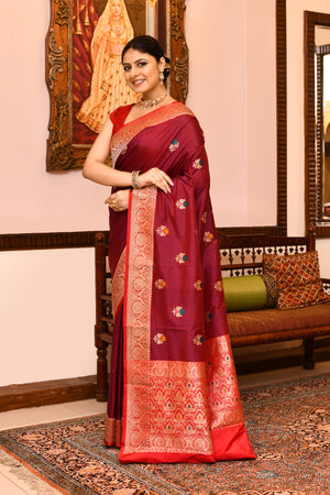 Maroon Katan Silk Saree — Kadwa