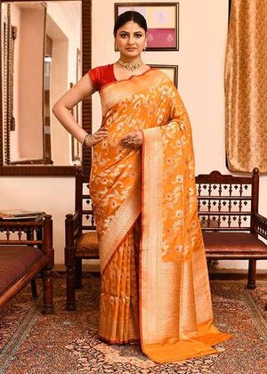 Mustard Katan Silk Saree — Cut Work Booti