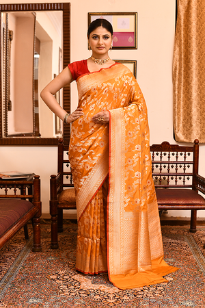Mustard Katan Silk Saree — Cut Work Booti