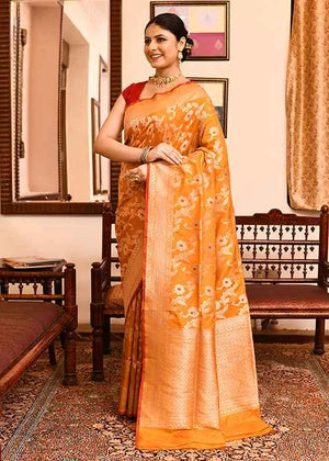 Mustard Katan Silk Saree — Cut Work Booti