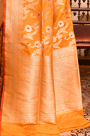 Mustard Katan Silk Saree — Cut Work Booti