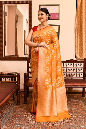 Mustard Katan Silk Saree — Cut Work Booti