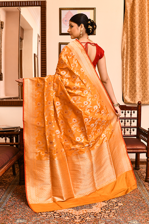 Mustard Katan Silk Saree — Cut Work Booti