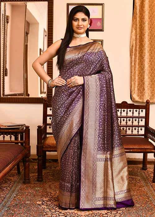 Dark Purple Katan Silk Saree — Cut Work Booti