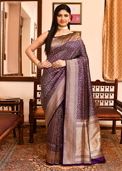 Dark Purple Katan Silk Saree — Cut Work Booti