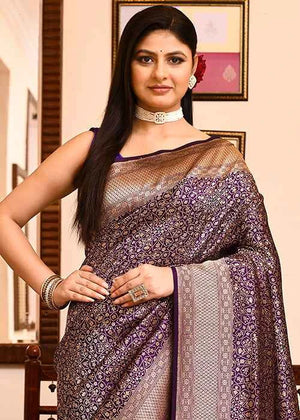 Dark Purple Katan Silk Saree — Cut Work Booti