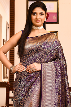 Dark Purple Katan Silk Saree — Cut Work Brocade