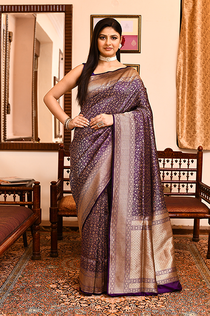 Dark Purple Katan Silk Saree with Cut Work Brocade weave