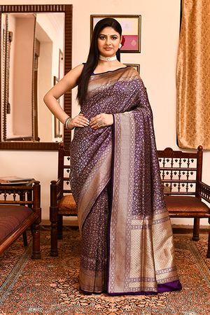 Dark Purple Katan Silk Saree — Cut Work Brocade