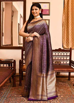 Dark Purple Katan Silk Saree — Cut Work Booti