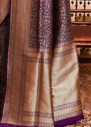 Dark Purple Katan Silk Saree — Cut Work Booti