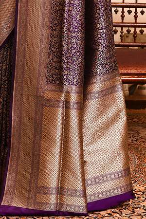 Dark Purple Katan Silk Saree — Cut Work Brocade