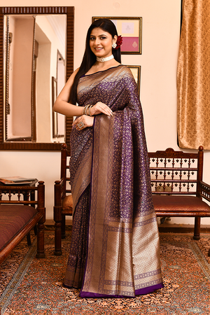 Dark Purple Katan Silk Saree — Cut Work Brocade
