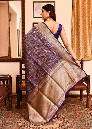 Dark Purple Katan Silk Saree — Cut Work Booti