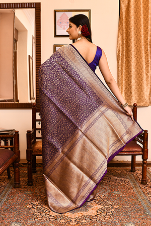 Dark Purple Katan Silk Saree — Cut Work Brocade