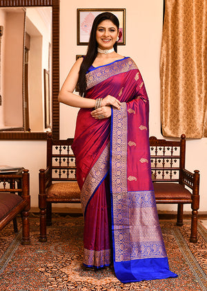 Maroon Blue Katan Silk Saree — Kadwa Booti
