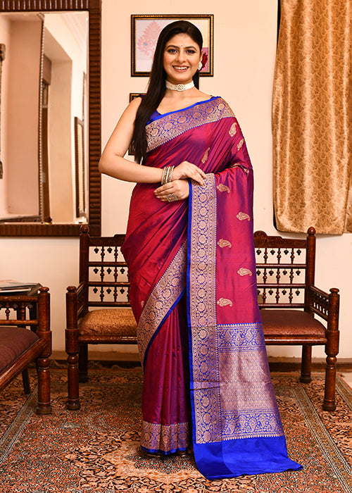 Maroon Blue Katan Silk Saree — Kadwa Booti