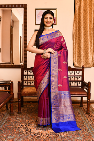 Maroon Blue Katan Silk Saree — Kadwa Mango Booti