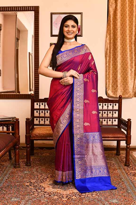 Maroon Blue Katan Silk Saree — Kadwa Mango Booti