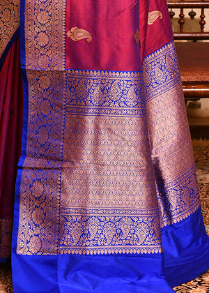 Maroon Blue Katan Silk Saree — Kadwa Booti