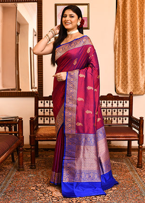 Maroon Blue Katan Silk Saree — Kadwa Booti