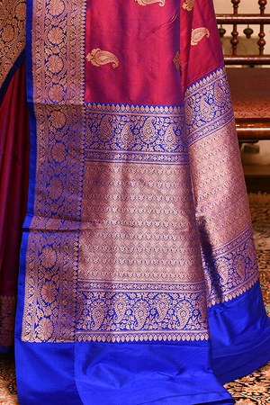 Maroon Blue Katan Silk Saree — Kadwa Mango Booti
