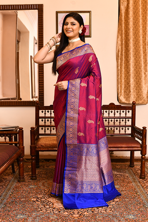 Maroon Blue Katan Silk Saree — Kadwa Mango Booti