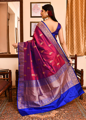 Maroon Blue Katan Silk Saree — Kadwa Booti