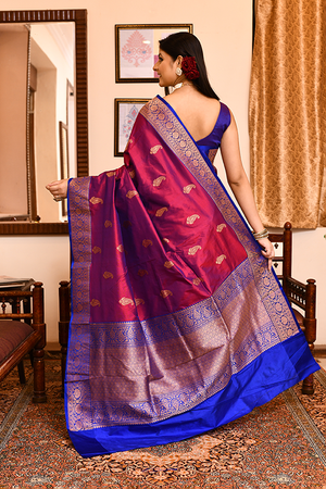 Maroon Blue Katan Silk Saree — Kadwa Mango Booti