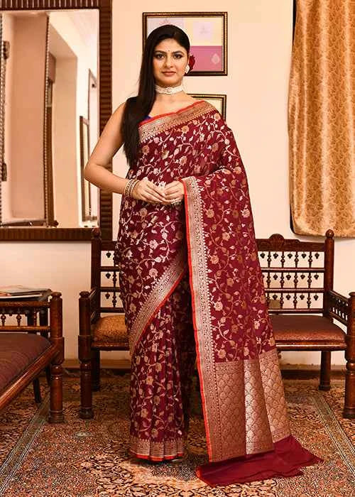 Maroon Katan Silk Saree — Cut Work Booti