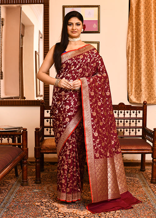 Maroon Katan Silk Saree — Cut Work Booti