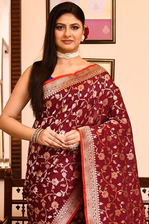 Maroon Katan Silk Saree — Cut Work Booti
