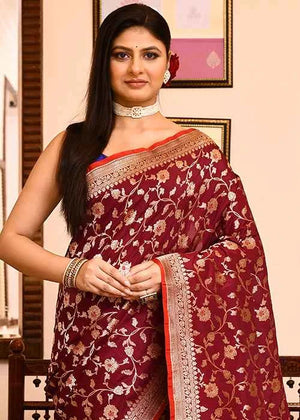 Maroon Katan Silk Saree — Cut Work Booti