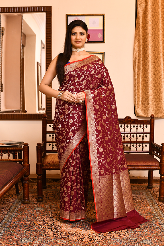 Maroon Katan Silk Saree — Cut Work Booti
