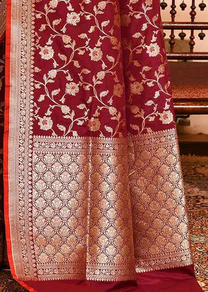 Maroon Katan Silk Saree — Cut Work Booti