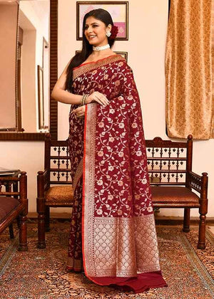 Maroon Katan Silk Saree — Cut Work Booti