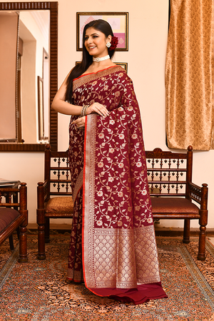 Maroon Katan Silk Saree — Cut Work Booti