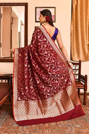 Maroon Katan Silk Saree — Cut Work Booti