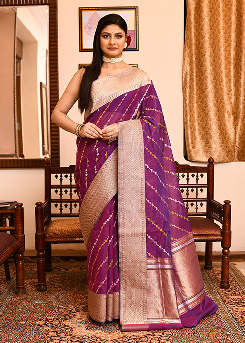 Dark Purple Kora Silk Saree — Kadwa Chameli Booti