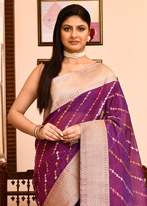 Dark Purple Kora Silk Saree — Kadwa Chameli Booti