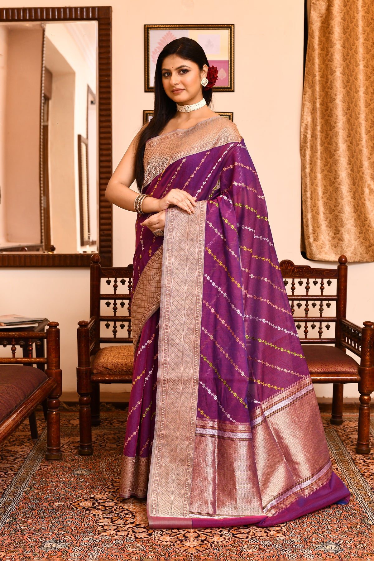 Maroon Katan Silk Saree — Tanchui Meena Jaal