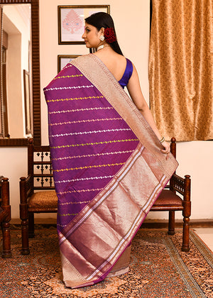 Dark Purple Kora Silk Saree — Kadwa Chameli Booti